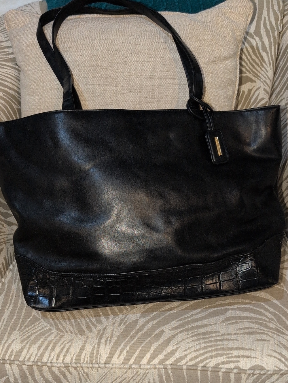 Coletta Black Leather Work Tote Bag with Croc-Trim